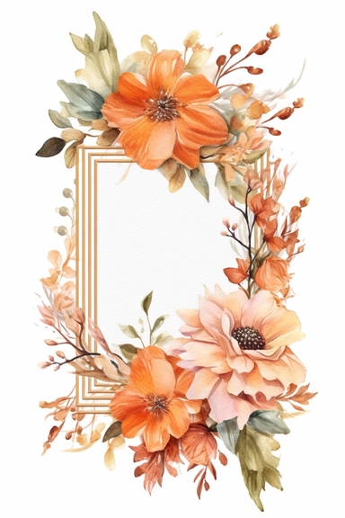 watercolor clipart of a empty suttle dainty floral rectangle frame surrounded by peach color flowers. Capture the essence of blooming beauty and intricate details in your artwork, white background