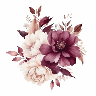 beautiful dainty burgundy flowers, mauve, boho watercolor clipart, solid white background, hard edges, smooth