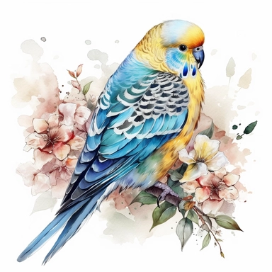 budgie bird, colourful, watercolour, isolated solid background, pretty, floral, clipart, include branch and flowers--no watermark, text, words, paintbrush, typography