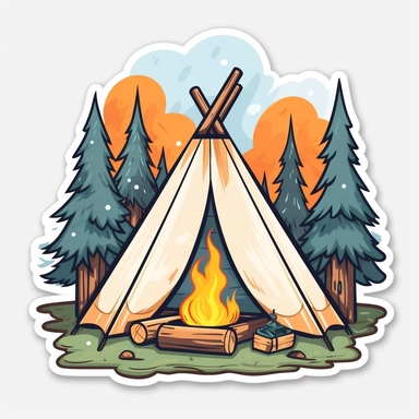 clipart style, camping, tent, campfire, sticker, cute, white backround, clean lines