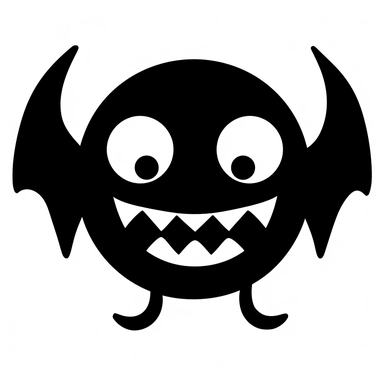 black and white silhouette of a friendly halloween bat icon, clipart style, white background, thick lines, vector, simple design, flat colour, solid colour