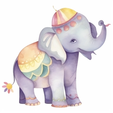 One cute decorated circus elephant clipart, style as seen on Etsy. Cartoonish appearance with exaggerated body proportions, but atomically correct limb positions and number. Elephant is lying down, with legs tucked under his body, trunk curled arround. Pe