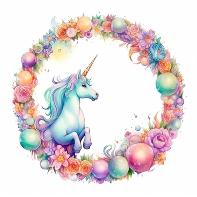 Cute pastel circle border with a very small unicorn in the corner, isolated on white background, watercolor, high detail, unique, intricate detail, hand Sublimation Clipart,Cartoon,hyper realistic, intricate detail, illustration style,high solution,on the white background