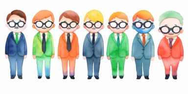 lots of happy wacky men in suits. cute minimalist watercolor clipart style. white background