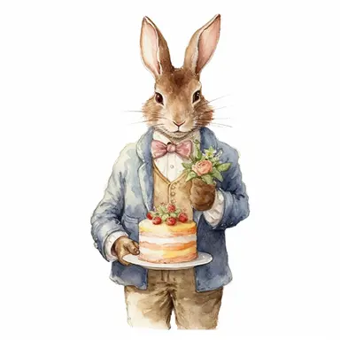 clip art watercolor illustration, cute male bunny, in vintage clothes, holding a cake with his two hands, side view, white background