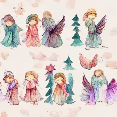 chistmas angels pattern, gradient background in watercolor clipart style