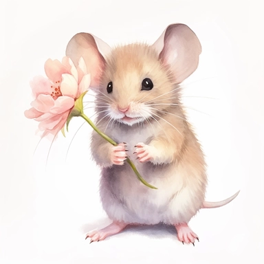 realistic clear watercolor of a cute mouse holding a flower clipart