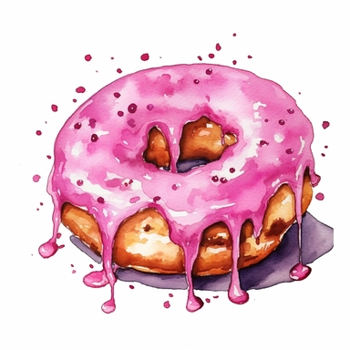 a pink sprinkle Donut in the style of watercolour clipart with detailed brush strokes