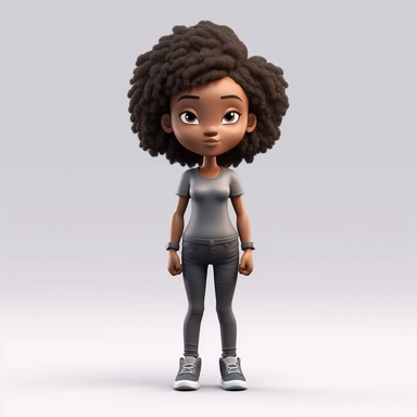 Front view of animated black woman standing wearing t-shirt character design, full body, face drawing in top quality, high quality face drawing, clipart, full illustration, 4k, sharp focus. , soft skin, symmetrical, detailed face, concept art, storybook s