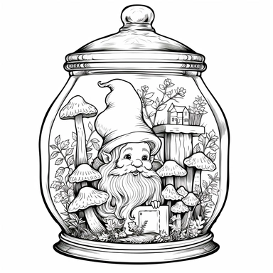 Coloring Page, In A jar Coloring Page, In A jar Gnomes crafting intricate gnome-sized furniture and decorations for their homes, clipart black and white, no fill, only outline, clipart black and white, no fill, only outline