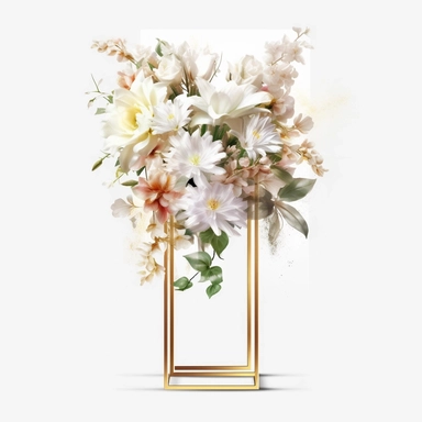 watercolour beautiful realistic white real floral wedding flower spray on gold rectangle tall frame stand realistic elegant wedding floral display stand with white glitter wedding flowers ,clip art graphics , PNG image,transparent background ,ultra highly detailed, 18k, sharp focus, bright photo with vibrant colours, digitally enhanced,photographic, enhanced graphics, png format, straight, sharp focus, bright lighting, intricate detailed png image ,high definition,300dpi,graphic clipart,computer