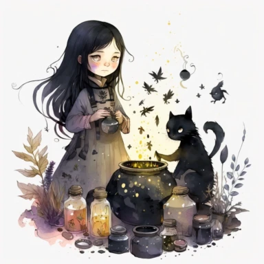 beautiful alchemist girl, black eyes, black long hair, black cat, brazier, metal pots, jars of potions, jars of herbs, decorated with stars, children illustration, watercolor image, hannah dale style, watercolor, white background, clipart