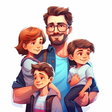 Family clipart, dad with kids, illustration style,vibrant bright colors, hd full super realistic, white background, bundle