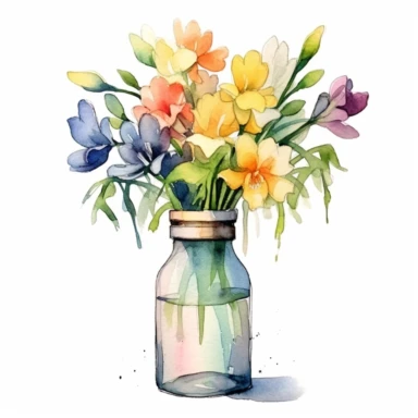 a bunch of freesia in a empty bottle no water mark, water colour clipart, white background