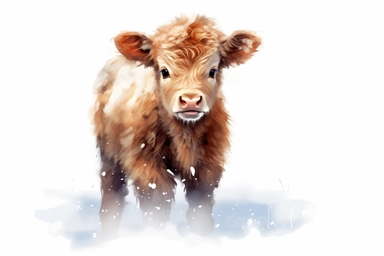 detailed watercolor illustration of a cute highland calf in the snow, clipart, plain isolated white background, 8k ultra detail high sharpness