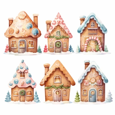 very simple watercolour childrens book style drawing of different cute gingerbread houses, pastel colours soft on white background for clipart, 8k