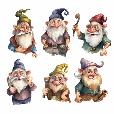 Watercolor Seven Dwarfs (Doc, Dopey, Sleepy, Grumpy, Sneezy, Bashful, and Happy) , llustrations clipart set, simple , cartoon elements, fairy tale theme and elements, different characters, handsome blonde prince, the huntsman, the evil queen, mirror, different variants , , separate elements with a margin