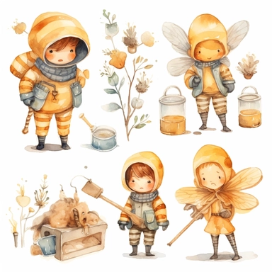Watercolor boho beekeeping, illustrations clipart set, simple, soft colors, cartoon elements, different variants, cute little boy and girl beekeeping, separate elements with a margin