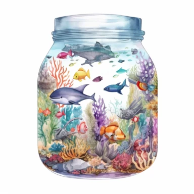 complex watercolor illustration of euphoric ocean full of marine animals, swimming around isolated in a transparent floral jar ,concept,art,8k,hd,watercolor,detailed,white backround,clipart