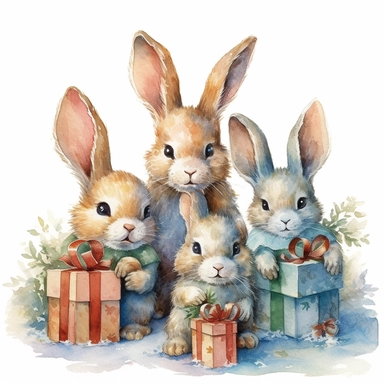 charming family of 4 bunnies, Christmas morning, festive decor and mood, ornamental watercolor, clipart