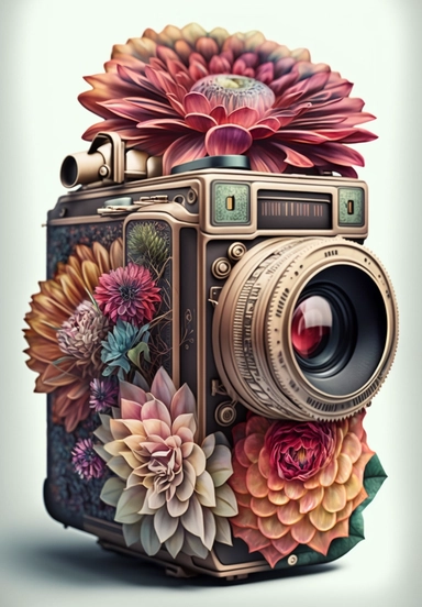 a watercolor vintage photo camera, profil view, surrounded by an intricate arrangement of dramatic extravagant ultra realistic digital multicolor 3D happy giant dahlias, in the style of large-scale photography, lush detailing, watercolor style, rich colors, sacred geometry, origamy, kaleidoscope, photorealistic, playfully intricate, made of flowers, bloomcore, 8K, clipart, clear background