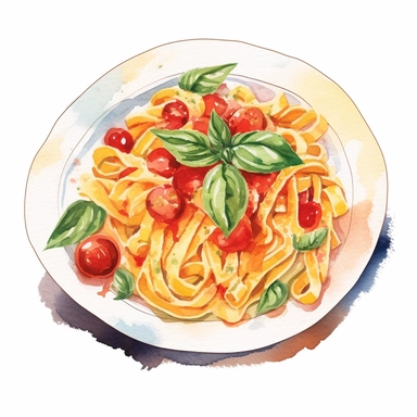 Italian Pasta Watercolor: A delectable watercolor clipart showcasing a plate of freshly cooked pasta, adorned with colorful ingredients like tomatoes, basil, and Parmesan cheese. (Watercolor, no background)