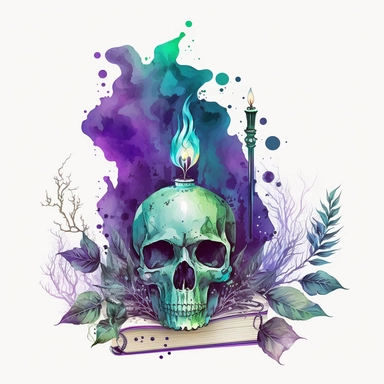 a beautifull gothic skull with watercolour effect,mystic witch book,mystic candlestick,shiny natural diamond,twinkles,suitable for digital clipart ,purple color,green color, white background