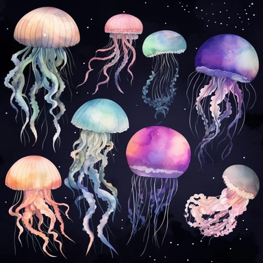 Sea Creatures of cute watercolor clipart, Jellyfish, blue, pink, purple, long tentacles, translucent bodies, black background