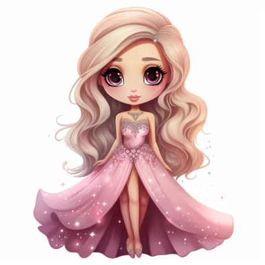 A cute detailed girl in chibi style, Jasmine Becket - Griffith style, watercolour illustration clipart with real glitter detail, wearing a beautiful pink full length ballgown style dress, the girl has long blonde hair, the girl has brown eyes, full body image, with feet isolated on a white background,