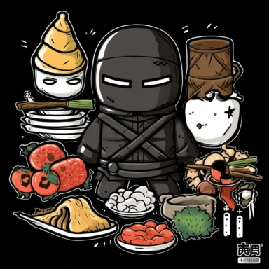 a set of black line clipart inspired by ramen and mutants and killer puppets and Funko Pop toys