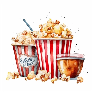 Movie night sign,soda, a bucket of pop corn and clapper. Watercolor hand painted cinema concept illustration. Enterteinment themed design. Clip art