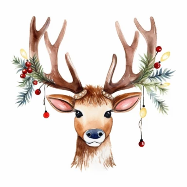 rudolph the red nosed reindeer head, facing forward, antlers with colorful christmas string lights hanging from antlers, clip art, minimalist illustration, child friendly, cute, home decor