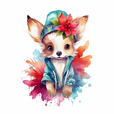 a cute clipart,unique outfit , different breed , full body , unique pose, unique outfit , white background , watercolors image, unique and vibrant , no other elements, clean shapes ,center and middle, cute