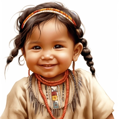 Adorable, cute, native american, baby girl, happy, smiling, wearing indian type beads around her neck, wearing an ethnic ribbon in her hair, extreme focus, professional artists rendition, no text, no logo, no name, no letters, Highly Detailed, clip art, white background, smooth edges, flawless Facial Features,