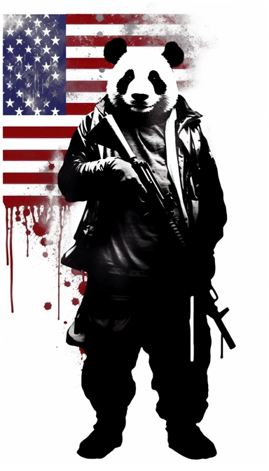 American flag background, Panda dressed as a graffiti artist holding a gun black and white, silhouette minimalist clip art by Mr. Brainwash