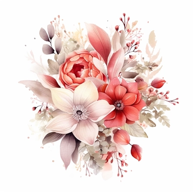 one watercolor wedding bouquet clipart on a white background, in the style of light red and white, intricate floral arrangements, white and bronze, intricate embellishments, sterling silver highlights, bold traditional, blurry details , no watermark, text, 300 DPI , typography, shapes do not stick together, no text in the picture, on a white background