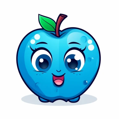 digital sticker, cute blue apple mascot character, strong use of color, cartoon clipart, vector, white background