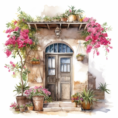 Create a beautiful watercolor clipart vignette of a rustic Mediterannean courtyard with a collection of white flowering potted plants, flowering hanging baskets and hot pink trailing bougainvillaea against a painted white rustic cottage door. The composition should be set against an isolated white background, with a bright and airy feel. Focus on capturing intricate details such as the delicate petals of the roses. Use a loose and fluid watercolor technique to create a sense of movement and ligh