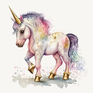 fantasy baby unicorn, clipart watercolor illustration, aquarallist, cute, big eyes, pretty pink, unicorncore, fairycore, free brushwork, watercolor, light and bright, four legs, gold horn, sparkle, skarklecore, detailed, isolated on a white background,