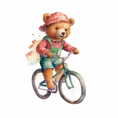 cute bear riding a bicycle in circus costume watercolor illustration, in the style of watercolor illustrations,funny, energetic,ben wooten style, full body,sharp focus throughout, aquarellist, charming illustrations, illustration, painted illustrations, transparency and opacity,isolated white background, clipart most popular on etsy, book illustration, featured on dribble,print on demand image, PNG tranparent background,composition medium shot, no text