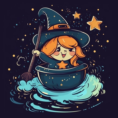 cutesy plus size witch cartoon clip art flying on a broom in a starry night sky with bubbles trailing behind her and a bucket hanging from the broom