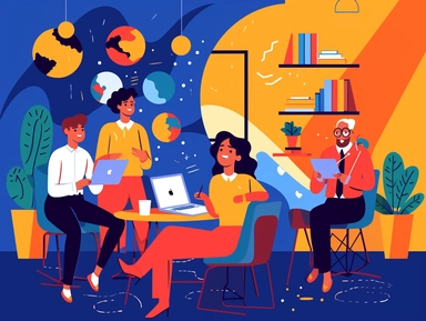 clipart scene of a diverse office staff working together in an office, Alegria style, corporate memphis style, flat art, bold colors, upbeat, happy, friendly, high resolution, 8k