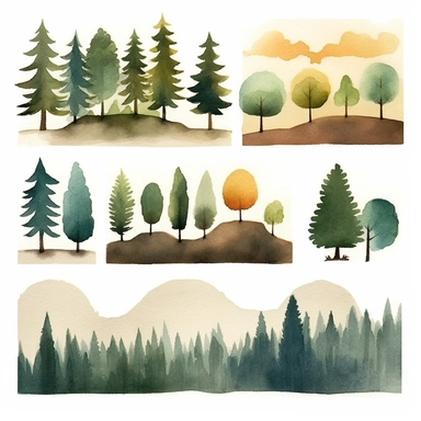 clip art forest elements sprites (montains, far forests, sun, clouds, rivers) sheet by jon klassen，clean