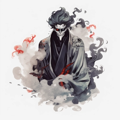 Hades covered in death smoke holding a Bident quinque Tokyo Ghoul anime style, clipart on white solid background