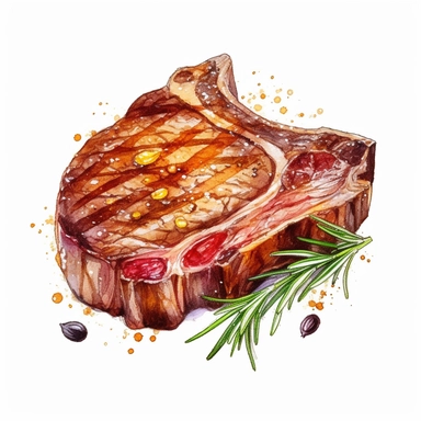Bistecca alla Fiorentina: T-bone steak grilled with olive oil, rosemary, and garlic, watercolor clipart illustration, flat blank transparent background, food photography, soft cinematic lights, juicy, bright, high quality, ultra detailed, 32k