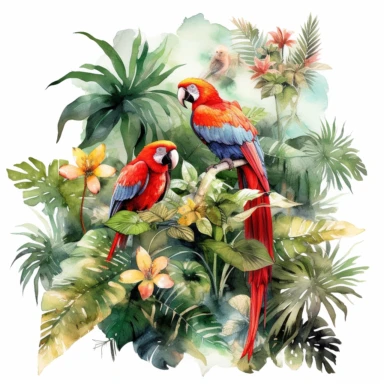 Create a clipart of a watercolor painting of a jungle scene with monkeys and parrots. No Background