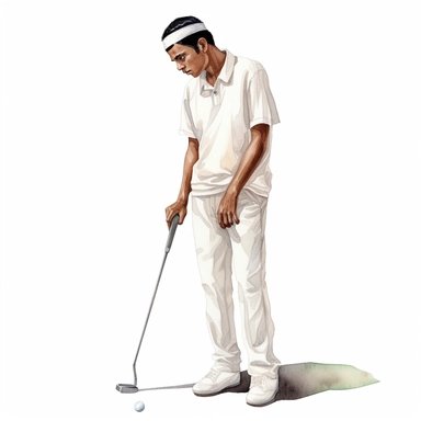 Idyllic watercolor clipart of a young Indian modern male golfer with dark hair in white close fitting sports golf clothes standing straight ready to use the putting club on the putting green, isolated on a pure white background, insane detail,