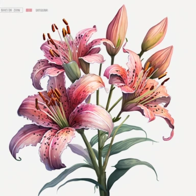 Watercolor realistic detailed pink tiger lily bouquet clipart, white background, no text