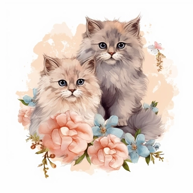 Vibrant Realistic Persian natural colors persian kittens various poses and modes with flowers boho style Clipart for a birthday card without text 300 dpi PNG format instant download for commercial use