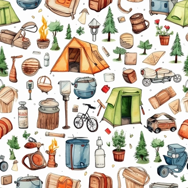 Seamless pattern, Watercolor detailed clipart, camping
